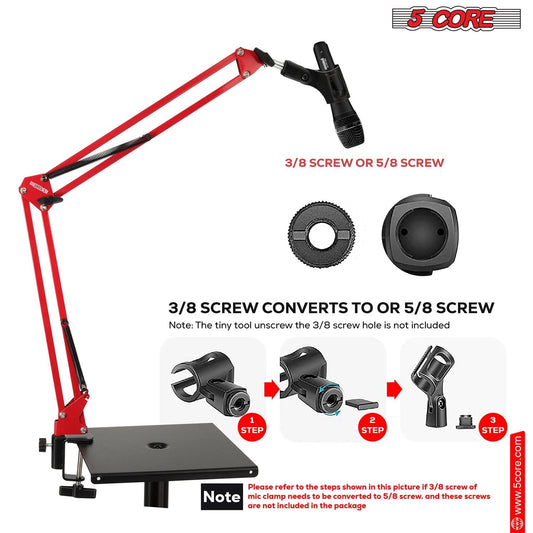 Adjustable microphone boom arm stand with 3/8 screw and 5/8 screw features, ideal for podcast and studio recording.