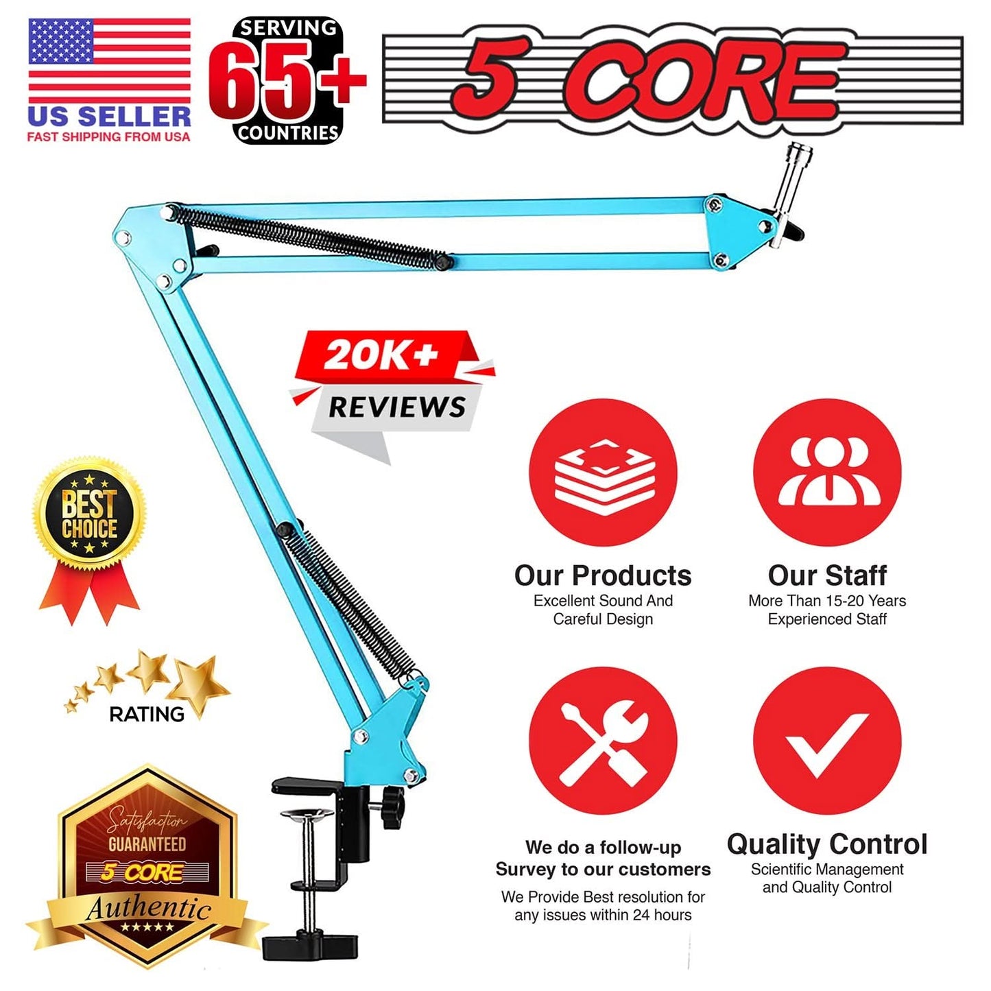 Adjustable microphone boom arm stand in blue, showcasing 360° rotation and 180° height adjustment for optimal positioning.