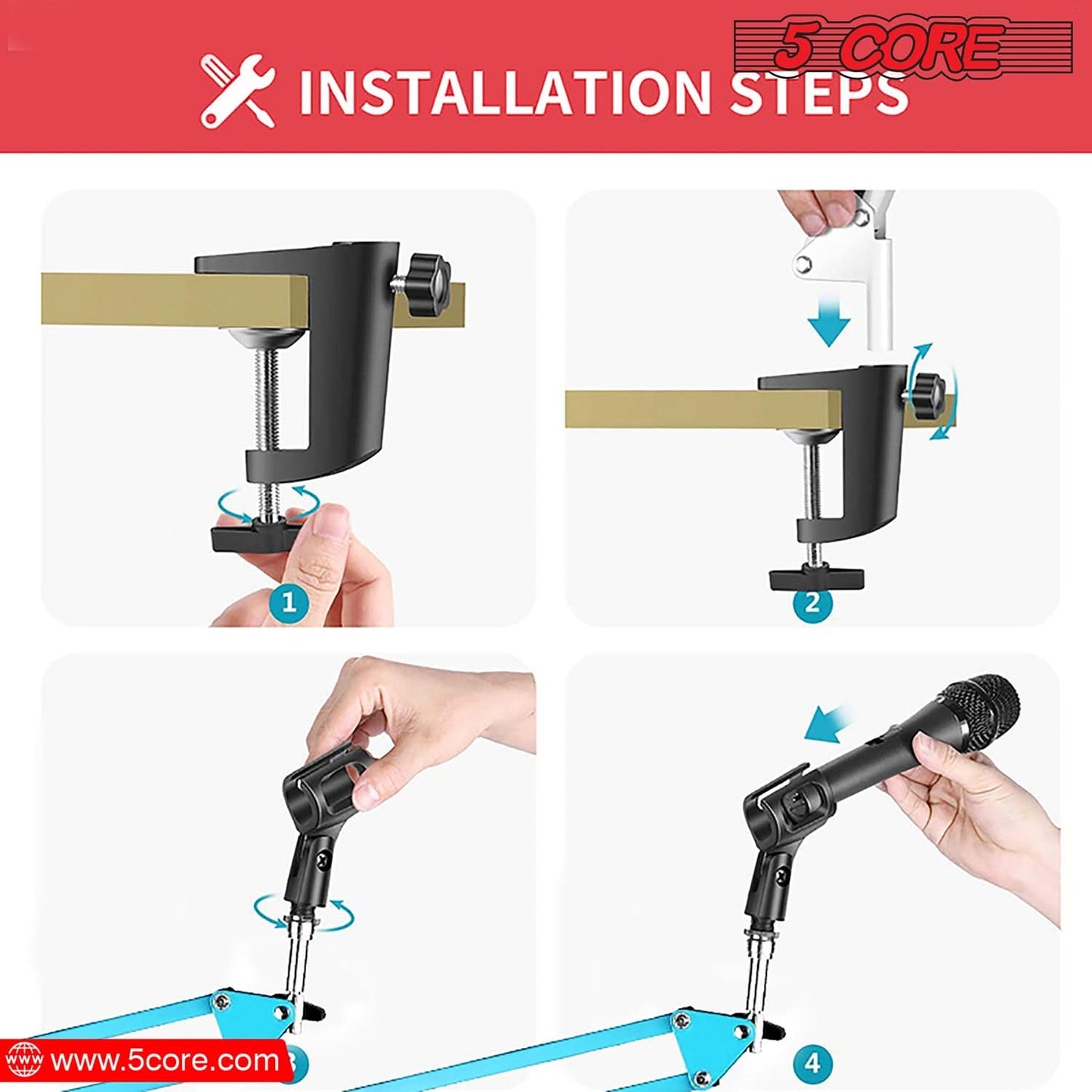 Adjustable microphone boom arm stand for podcast recording