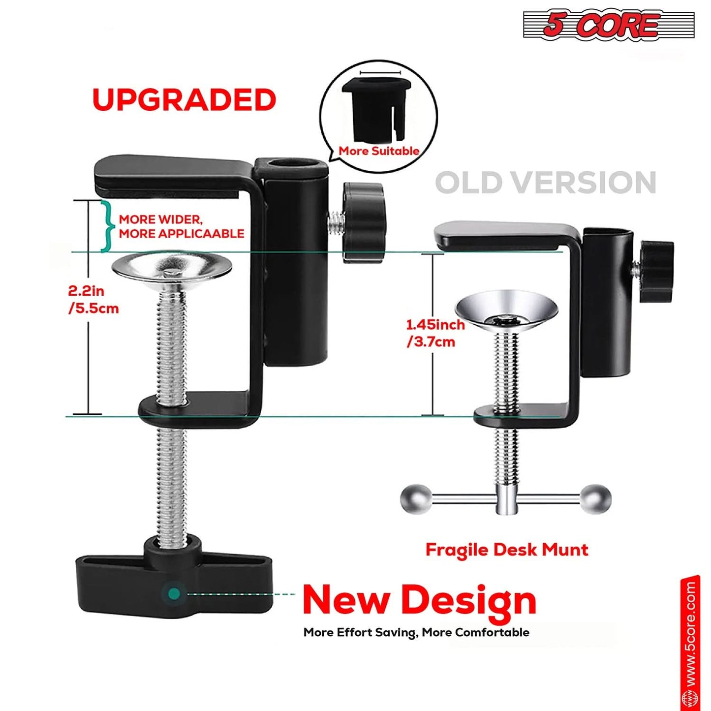 Adjustable microphone boom arm stand with upgraded design, comparing new version and old version features for improved recording.