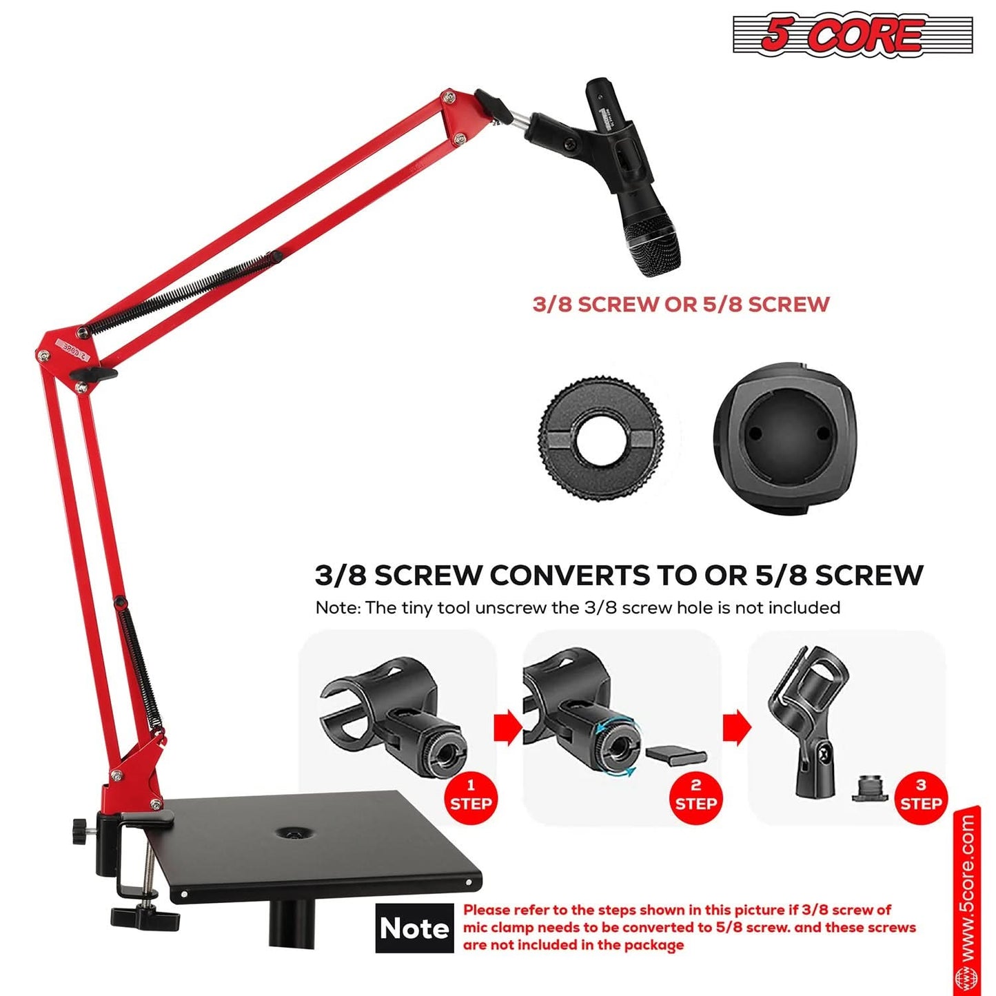 Adjustable microphone boom arm stand with 3/8 screw and 5/8 screw conversion for recording setup.