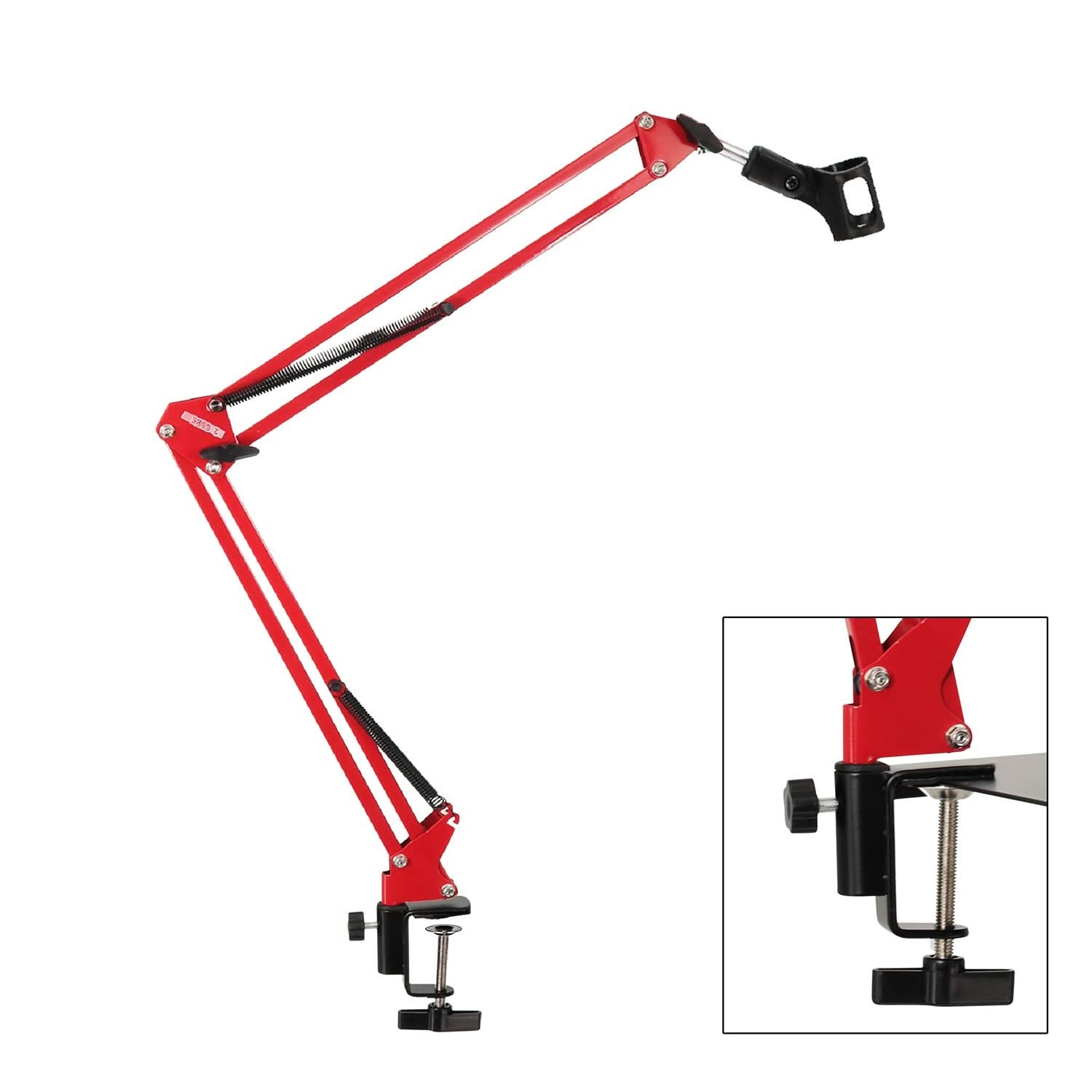 Adjustable microphone boom arm stand in red color for podcast and studio recording.