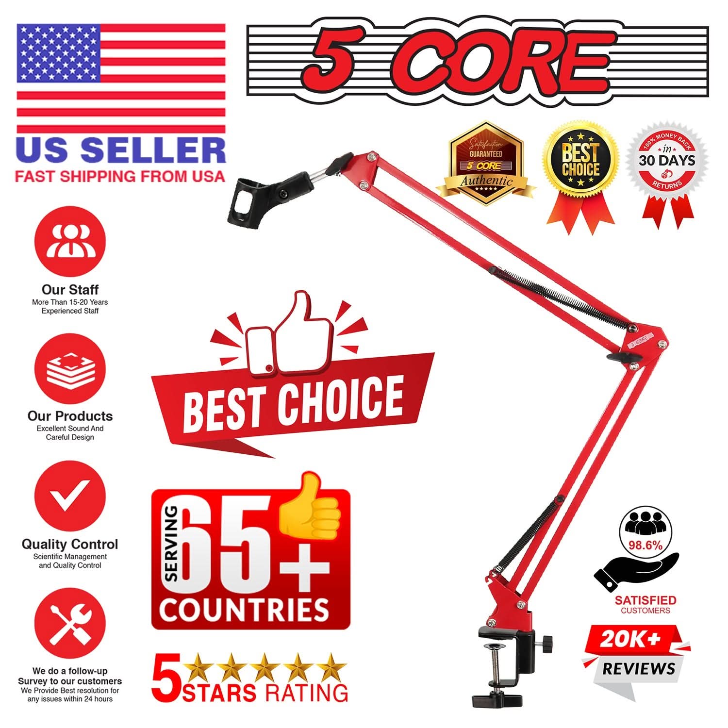 Adjustable microphone boom arm stand for podcasting, featuring red and black design with quality control badges.
