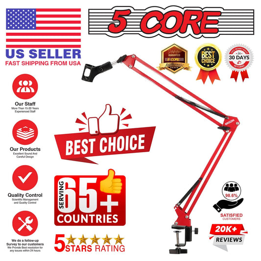Adjustable microphone boom arm stand for podcasting, featuring red and black design with quality control badges.
