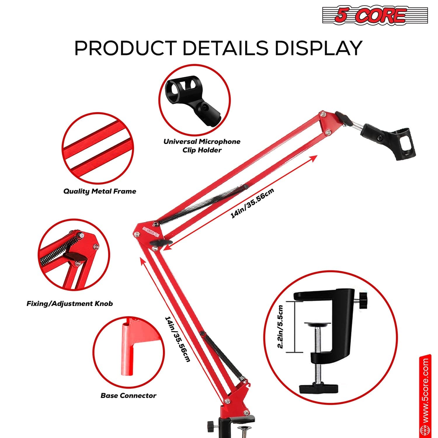 Adjustable Microphone Boom Arm Stand showcasing product details, quality metal frame, clip holder, and adjustment knob features.