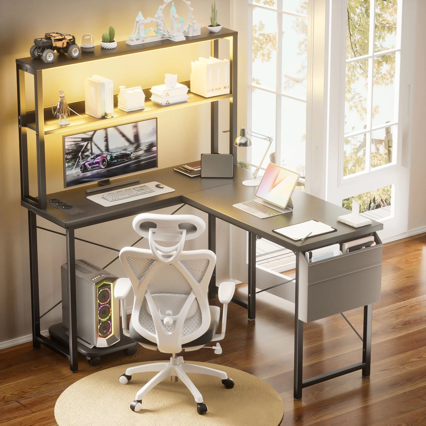 L-shaped gaming table with smart LED lighting