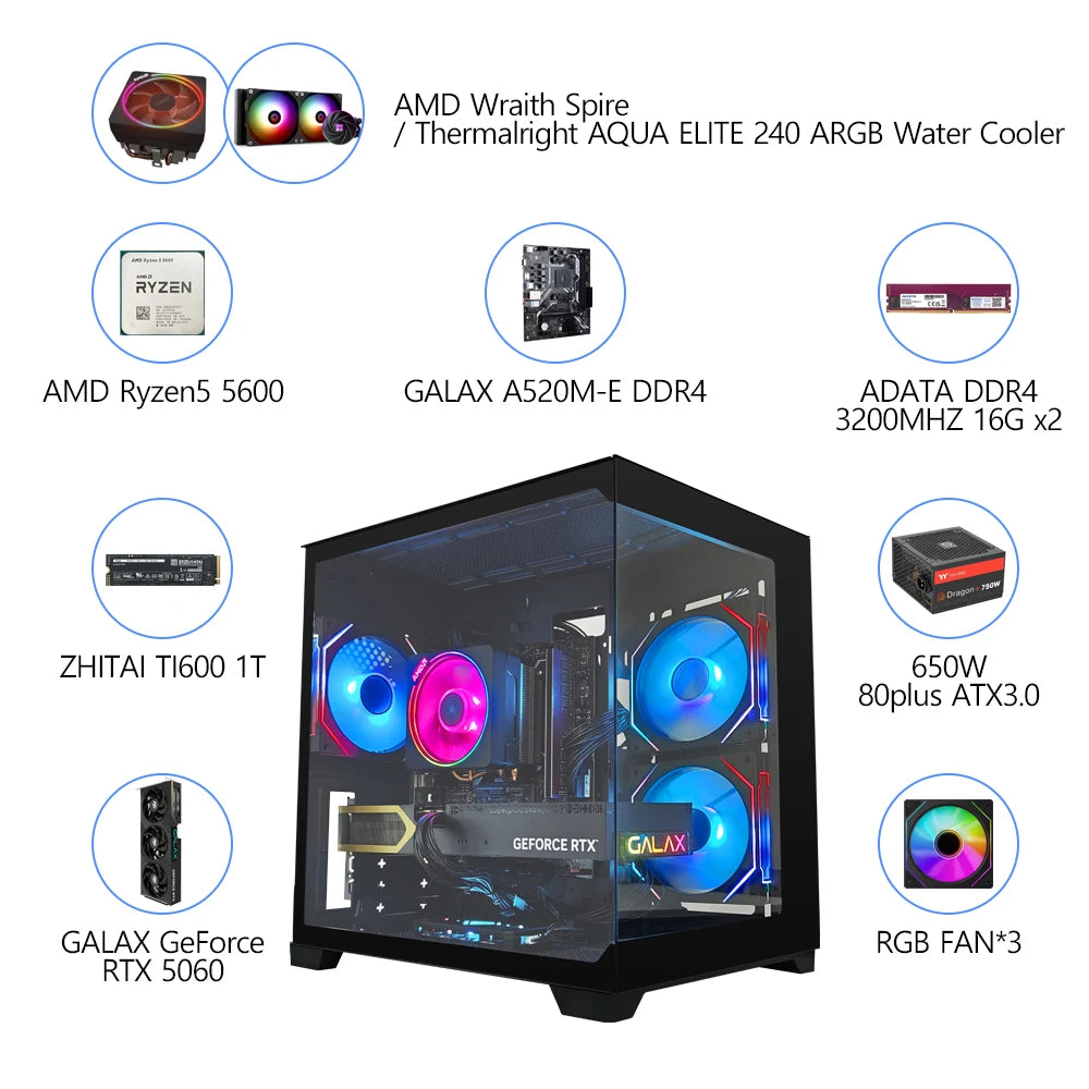 RSION Gaming PC AMD R5 5600 CPU RTX5060 32G RAM 1TB SSD