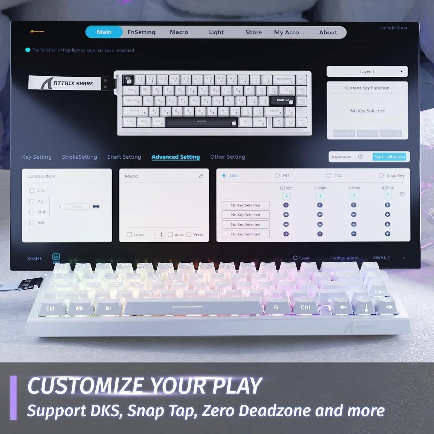 ATTACK SHARK X68  Mechanical Gaming Keyboard 60% with RGB lighting and magnetic switches on a futuristic background.