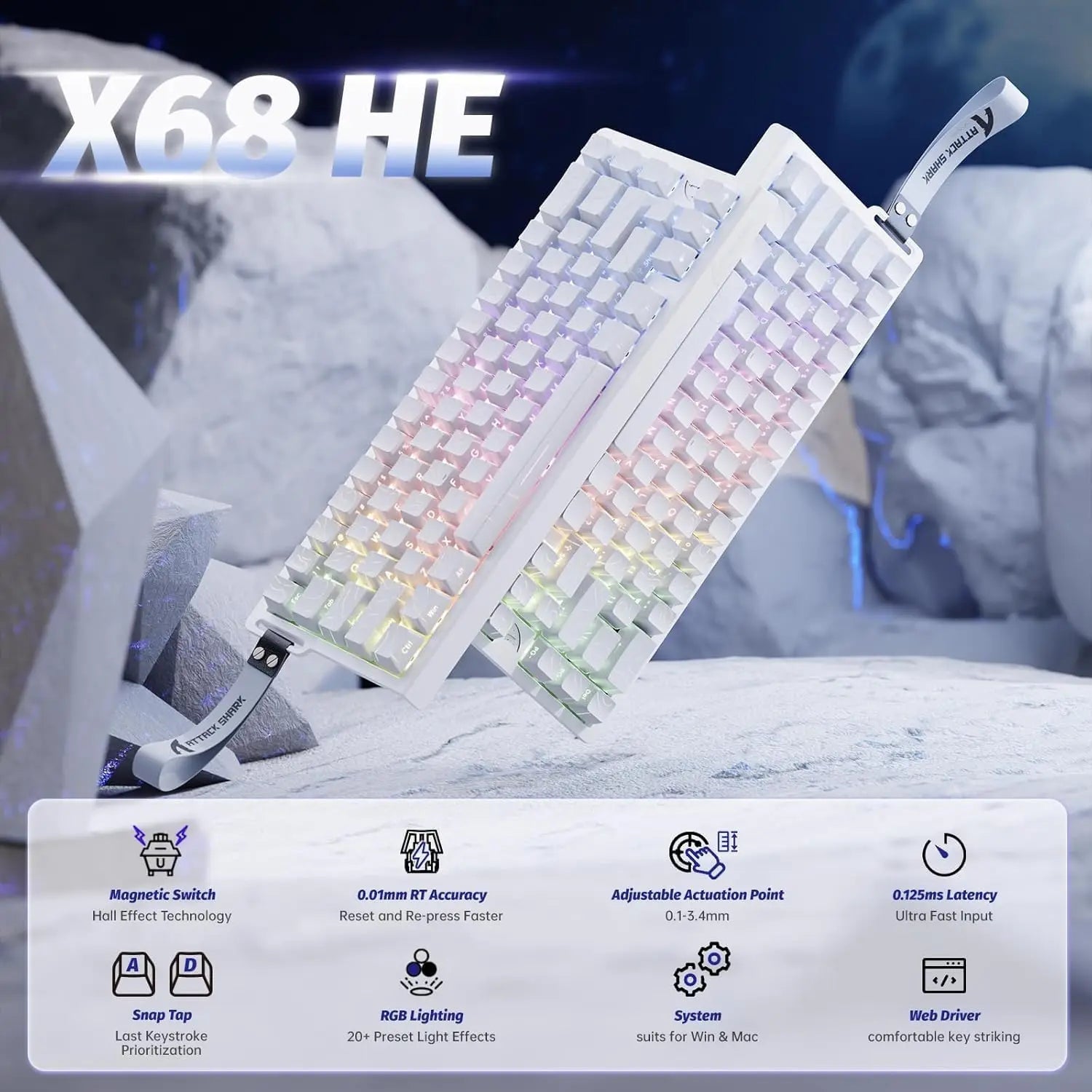 ATTACK SHARK X68  Mechanical Gaming Keyboard 60% with RGB lighting and magnetic switches on a futuristic background.