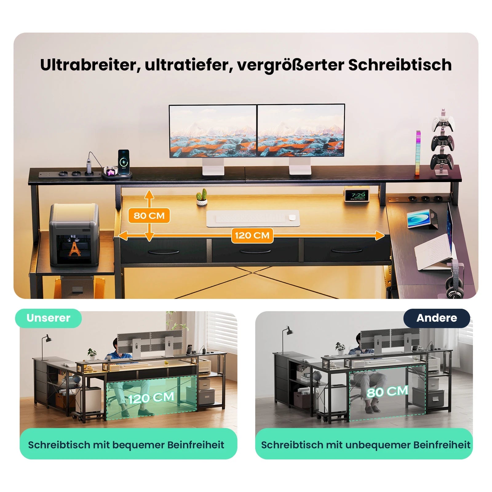 L-Shaped Desk with LED Lighting & Charging Station - ZYVEXO