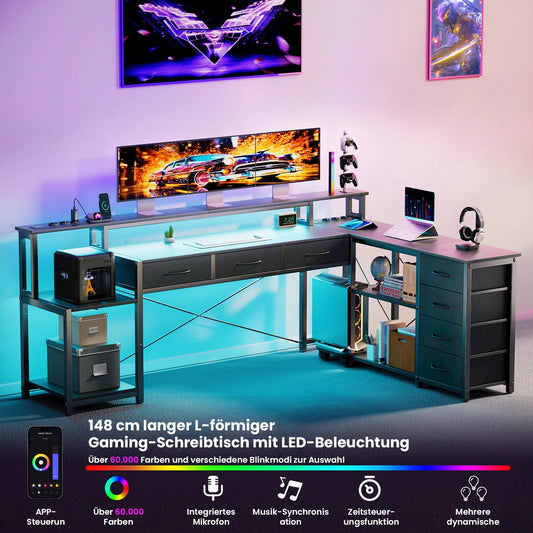 L-Shaped Desk with LED Lighting & Charging Station - ZYVEXO