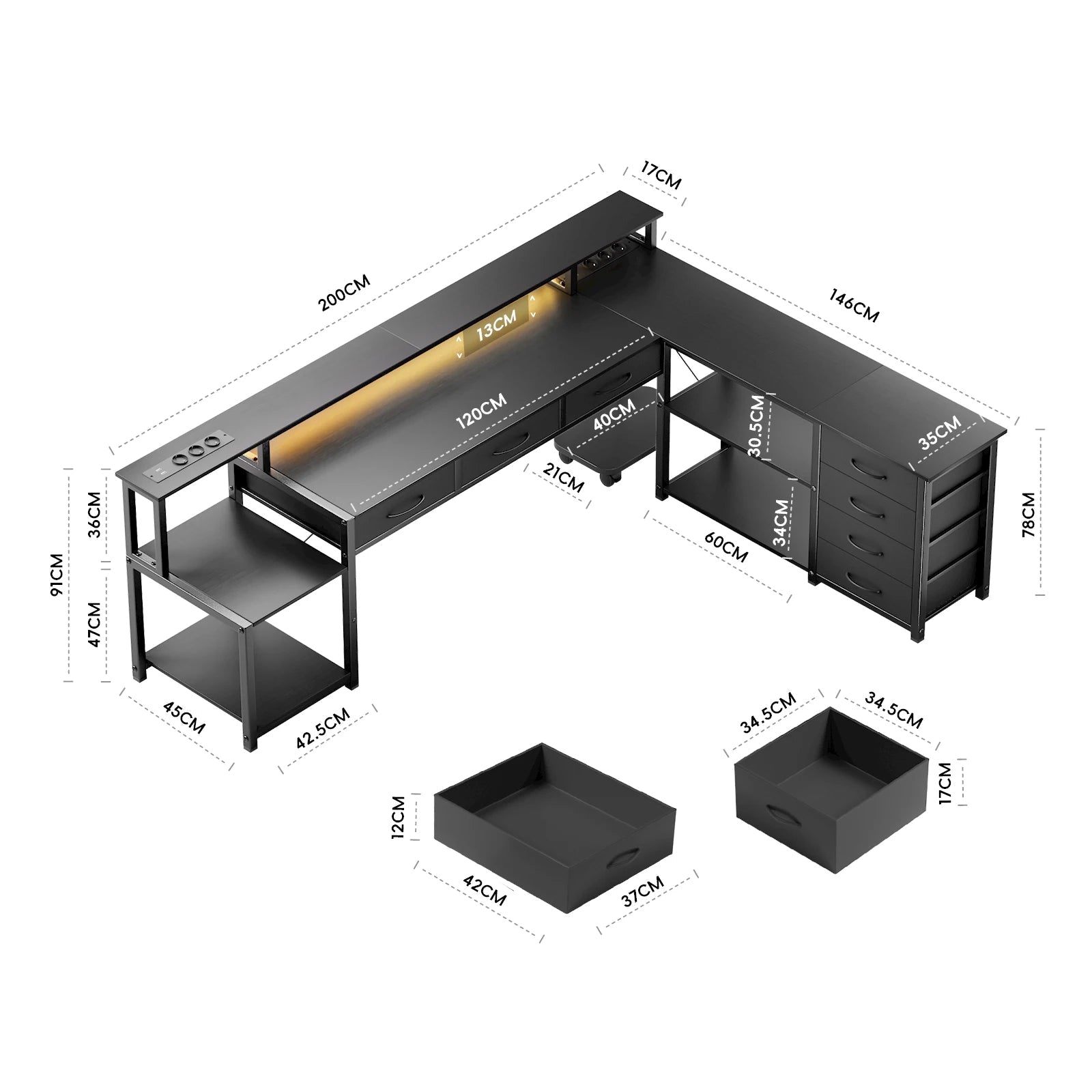 L-Shaped Desk with LED Lighting & Charging Station - ZYVEXO