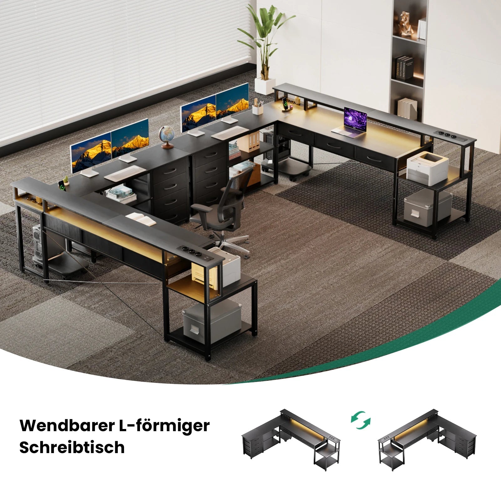 L-Shaped Desk with LED Lighting & Charging Station - ZYVEXO