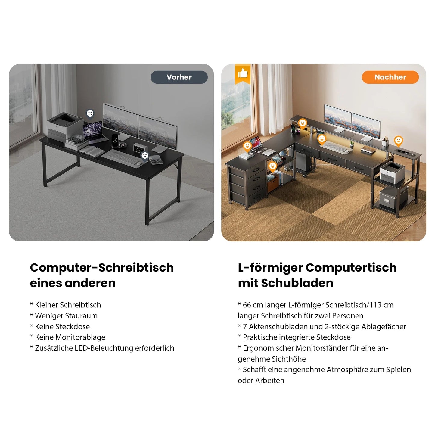 L-Shaped Desk with LED Lighting & Charging Station - ZYVEXO