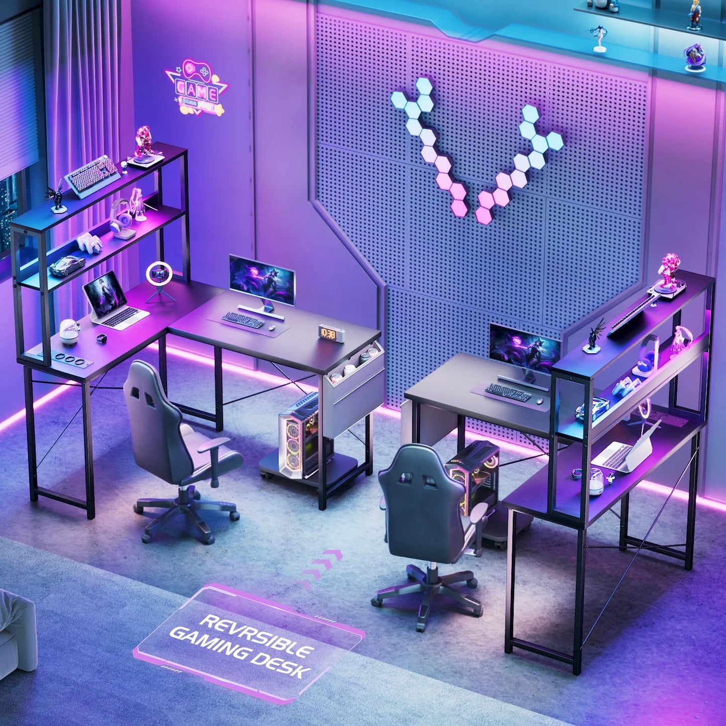 L-shaped gaming table with smart LED lighting - ZYVEXO