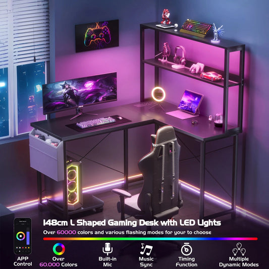 L-shaped gaming table with smart LED lighting - ZYVEXO