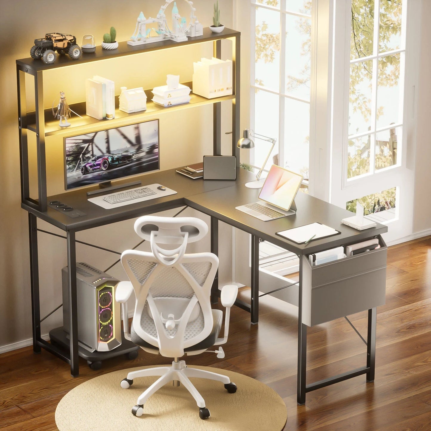 L-shaped gaming table with smart LED lighting - ZYVEXO