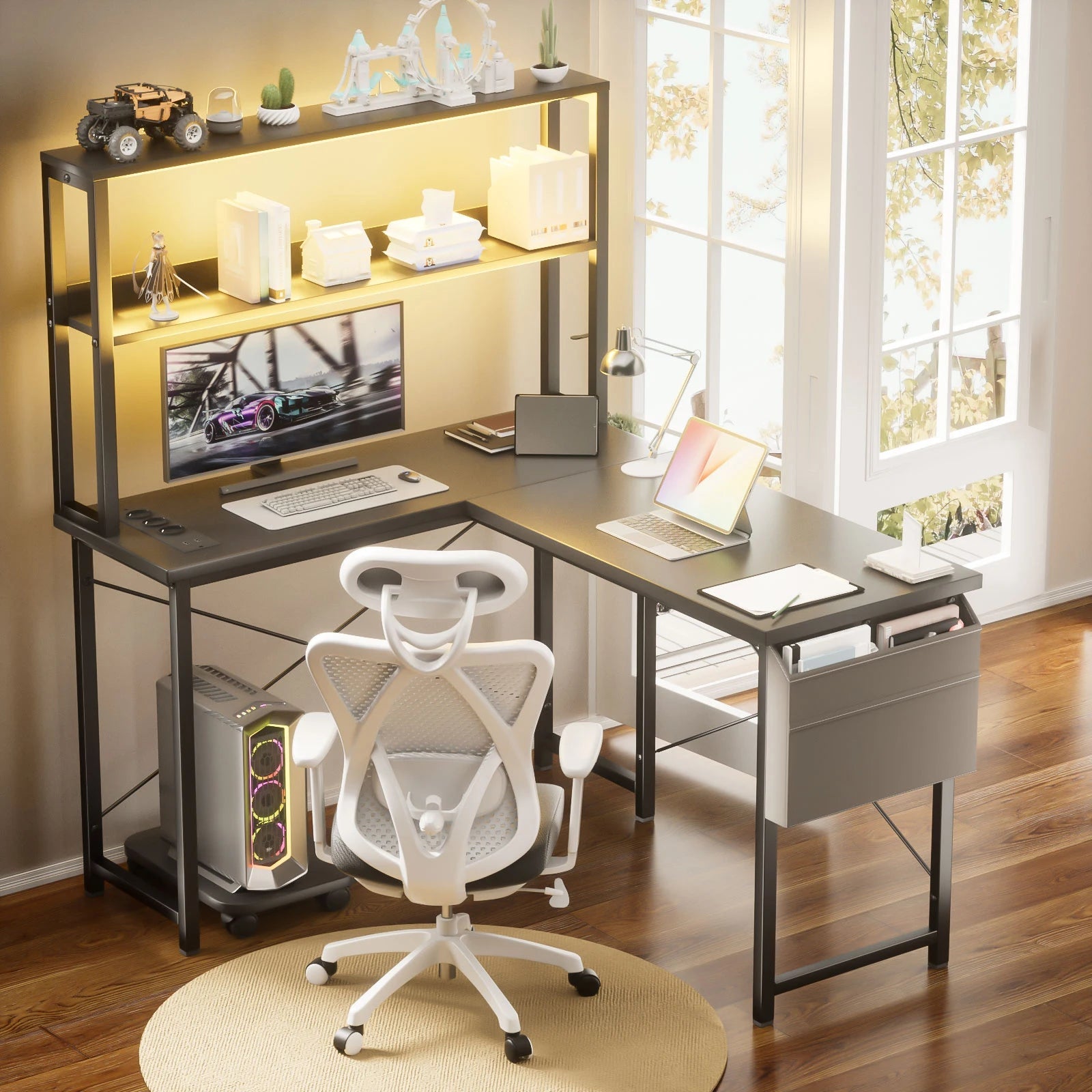 L-shaped gaming table with smart LED lighting - ZYVEXO