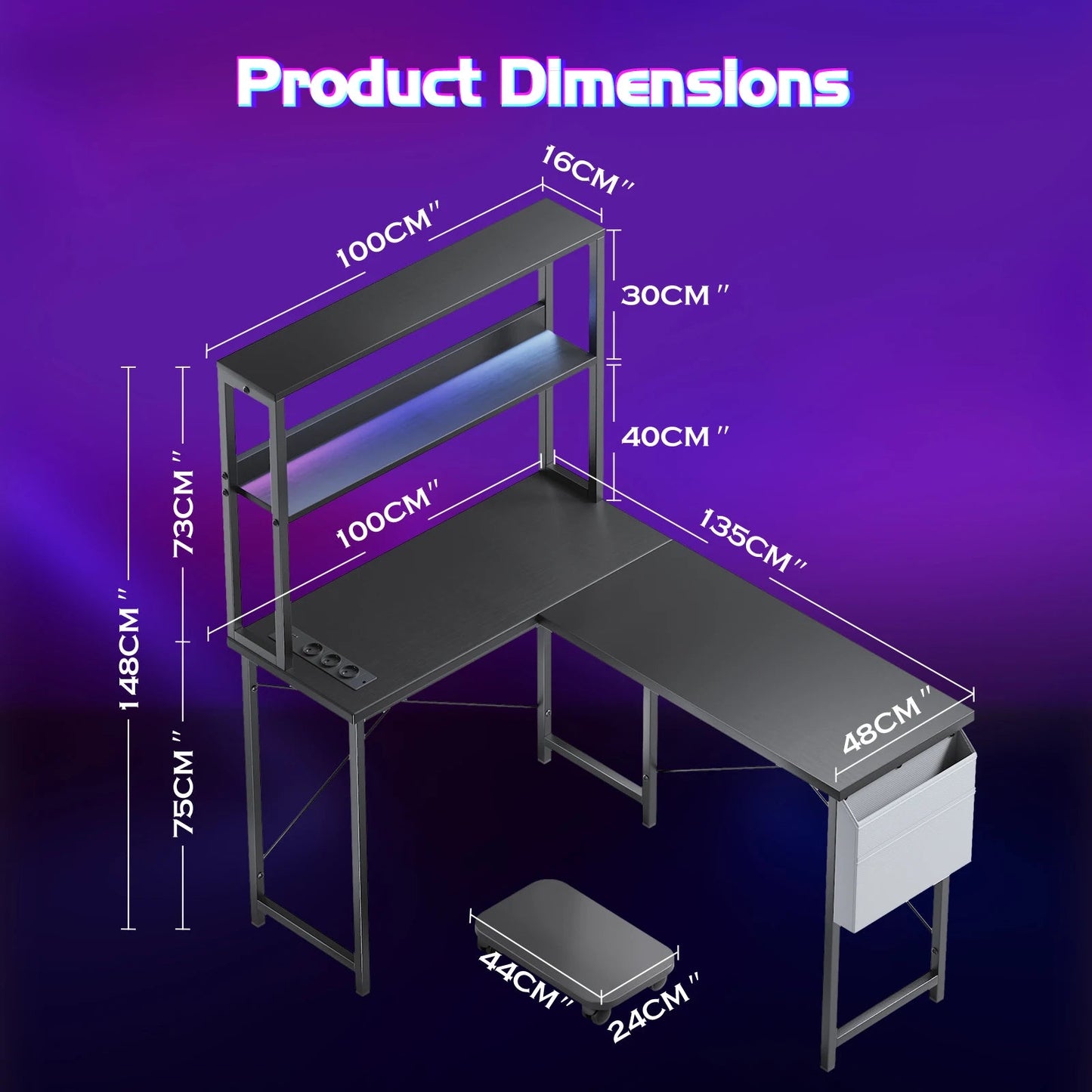 L-shaped gaming table with smart LED lighting - ZYVEXO