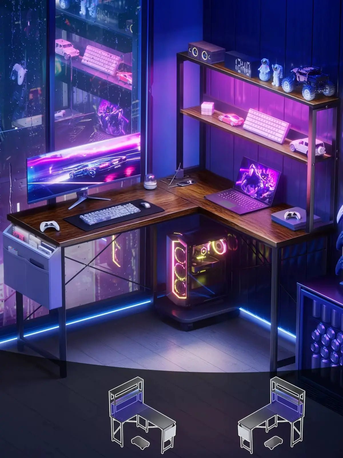 L-shaped gaming table with smart LED lighting - ZYVEXO