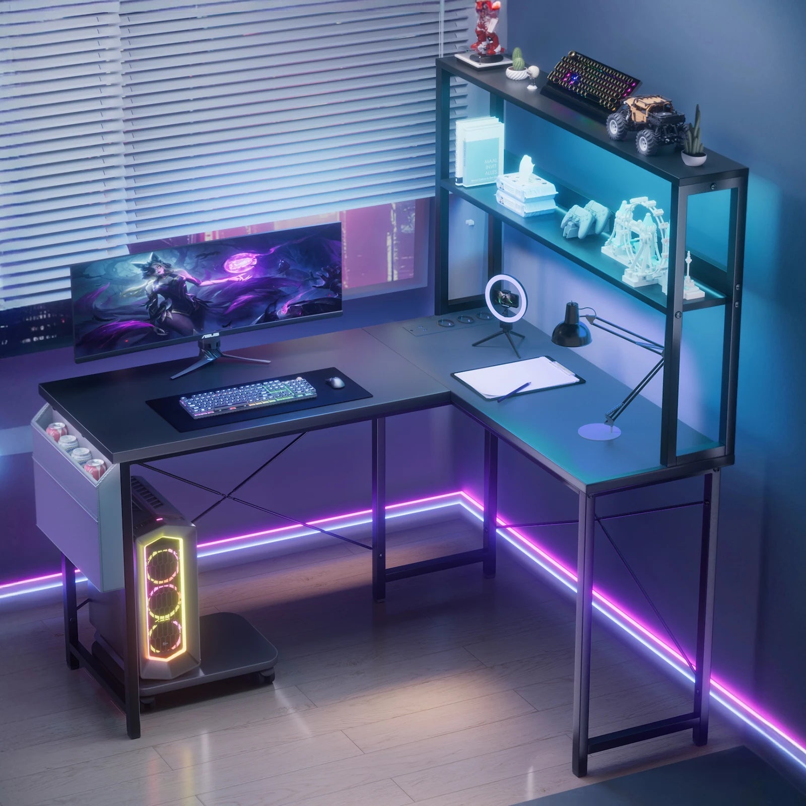 L-shaped gaming table with smart LED lighting - ZYVEXO