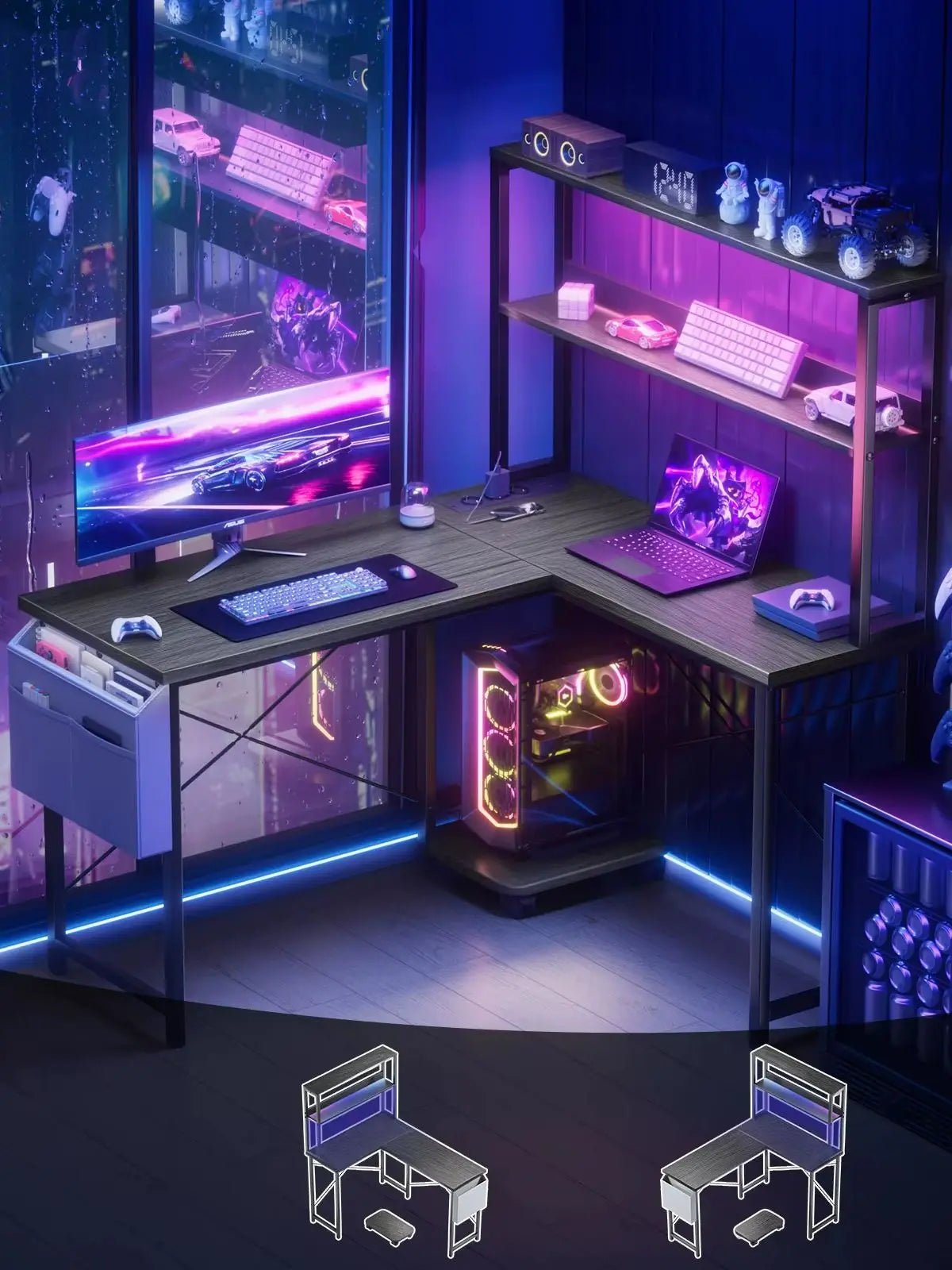 L-shaped gaming table with smart LED lighting - ZYVEXO