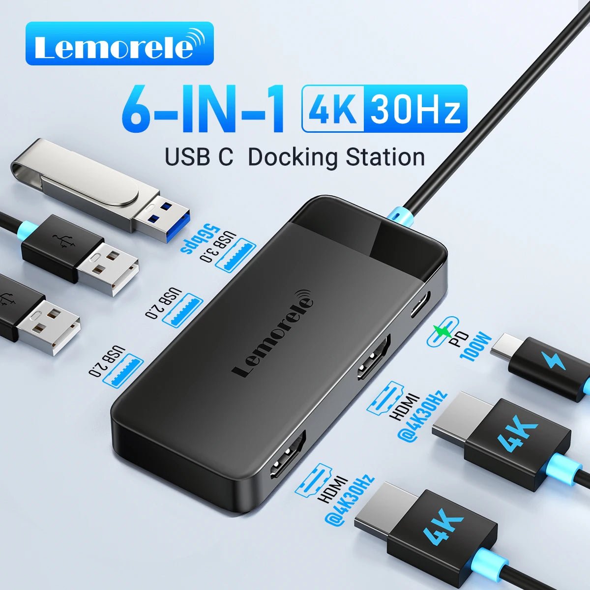 Lemorele TC122 USB C HUB Dual HDMI 4K - ZYVEXO
