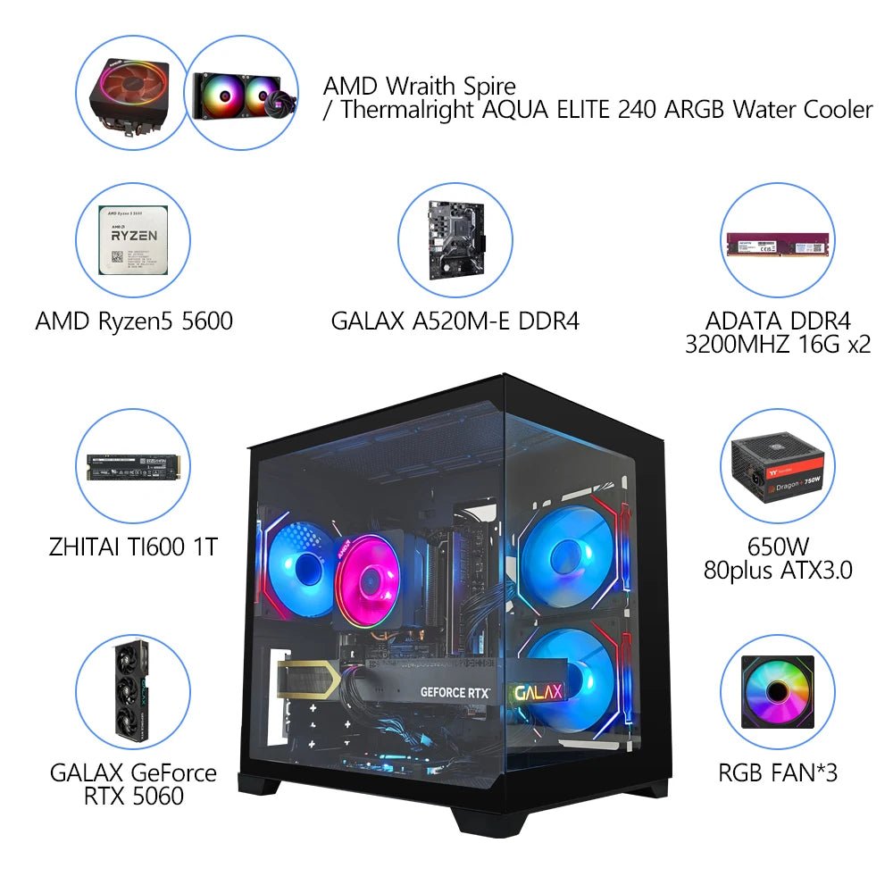 RSION Gaming PC AMD R5 5600 CPU RTX5060 32G RAM 1TB SSD - ZYVEXO